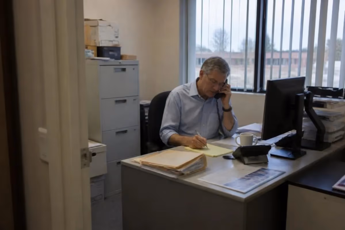 Solicitor taking notes on a phone call in a small practice office