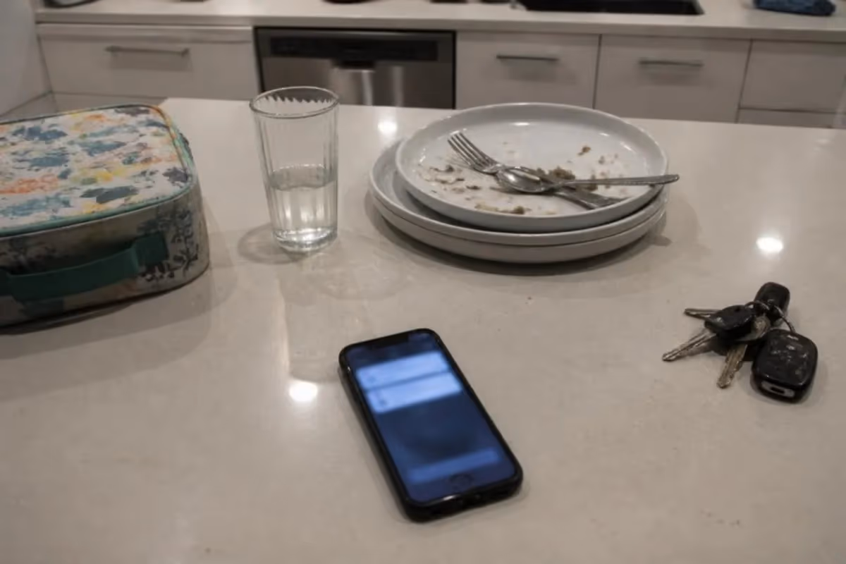 Phone showing a new message on a kitchen bench after dinner